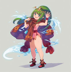 Rule 34 | 1girl, :d, arm up, armpits, bare arms, bare legs, blush, boots, bracelet removed, breasts, dress, fire emblem, fire emblem heroes, full body, gem, green eyes, green hair, grey background, jewelry, long hair, looking at viewer, necklace, nintendo, open mouth, pink dress, pointy ears, ponytail, red footwear, ryoji (nomura ryouji), simple background, sleeveless, sleeveless dress, small breasts, smile, solo, thick thighs, thighs, tiara, tiki (fire emblem), tiki (young) (fire emblem), very long hair