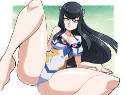 Rule 34 | 1girl, black hair, breasts, collarbone, female focus, from above, itsdatskelebutt, junketsu, kill la kill, kiryuuin satsuki, legs, long hair, looking at viewer, lying, neck, on back, one-piece swimsuit, solo, swimsuit