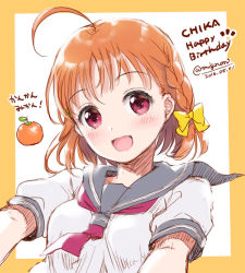 Rule 34 | 10s, 1girl, :d, ahoge, blush, bow, braid, character name, dated, food, fruit, hair bow, happy birthday, looking at viewer, love live!, love live! sunshine!!, mandarin orange, mignon, neckerchief, open mouth, orange background, portrait, purple neckerchief, school uniform, serafuku, short hair, short sleeves, side braid, sketch, smile, solo, takami chika, twitter username, two-tone background, upper body, white background, yellow bow