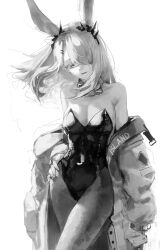 1girl absurdres alternate_costume animal_ears arknights bare_shoulders bow bowtie breasts cleavage commentary contrapposto covered_navel cowboy_shot detached_collar fingernails frostnova_(arknights) gandy_(gan3e46) greyscale hair_ornament hair_over_one_eye hairclip hand_on_own_hip highres jacket leotard long_hair looking_at_viewer medium_breasts monochrome pantyhose parted_lips playboy_bunny rabbit_ears rabbit_girl scar scar_on_face scar_on_nose simple_background smile solo strapless strapless_leotard unworn_jacket