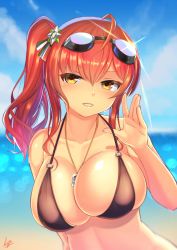 Rule 34 | 1girl, absurdres, ahoge, azur lane, beach, between breasts, bikini, black bikini, breast lift, breasts, day, goggles, goggles on head, hair between eyes, hair ornament, highres, italian flag, kyu (wein-seria), large breasts, lens flare, long hair, medal, nail polish, o-ring, o-ring bikini, o-ring top, open mouth, orange eyes, outdoors, pink nails, red hair, side ponytail, signature, skindentation, sky, smile, solo, strap gap, swimsuit, upper body, wet, whistle, whistle around neck, zara (azur lane), zara (poolside coincidence) (azur lane)