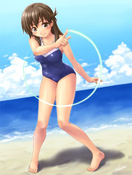 Rule 34 | 10s, 1girl, artist name, barefoot, beach, blush, brown eyes, brown hair, circle, kagehara hanzou, kyouno madoka, looking at viewer, one-piece swimsuit, rinne no lagrange, school swimsuit, signature, smile, solo, standing, swimsuit