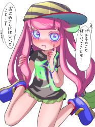 Rule 34 | 1girl, baseball cap, black shirt, blue eyes, blush, clownfish, commentary request, drooling, fish, gradient hair, green hair, green skirt, harmony&#039;s clownfish (splatoon), harmony (splatoon), hat, highres, long hair, low-tied long hair, miniskirt, multicolored hair, nintendo, open mouth, pink hair, shirt, short sleeves, skirt, solo, speech bubble, splatoon (series), splatoon 3, striped clothes, striped headwear, t-shirt, tama nya, tentacle hair, thighs, translation request, tropical fish, two-tone hair