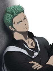 Rule 34 | 1boy, alternate hairstyle, black shirt, collarbone, collared shirt, green hair, head tilt, highres, long sideburns, looking at viewer, male focus, necktie, one piece, pectorals, pinattsu, roronoa zoro, scar, scar across eye, scar on face, shirt, short hair, sideburns, solo, tight clothes, tight shirt, toned, toned male, undone necktie