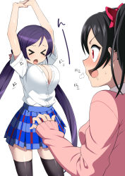 Rule 34 | &gt; &lt;, 10s, 2girls, arms up, black hair, blush, breasts, bursting breasts, cleavage, drooling, closed eyes, large breasts, long hair, love live!, love live! school idol project, multiple girls, open mouth, popped button, purple hair, red eyes, school uniform, shin&#039;ya (shin&#039;yanchi), stretching, tojo nozomi, twintails, yazawa nico
