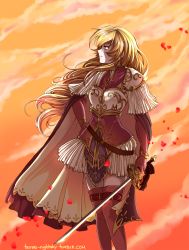Rule 34 | 1girl, armor, blonde hair, breastplate, cape, curly hair, fire emblem, fire emblem: genealogy of the holy war, highres, holding, holding sword, holding weapon, lachesis (fire emblem), long hair, nintendo, outdoors, pauldrons, rapier, shoulder armor, skirt, solo, sunset, sword, tempenite, thighhighs, weapon