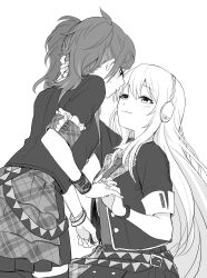 Rule 34 | 2girls, blush, bracelet, closed mouth, fingernails, greyscale, hair ornament, hairpin, hand on another&#039;s head, hatsune miku, highres, holding hands, interlocked fingers, jewelry, long hair, megurine luka, monochrome, multiple girls, necktie, pinching, project sekai, school uniform, short sleeves, skirt, sleeves rolled up, toridbd, twintails, very long hair, white background, wrist cuffs, yuri