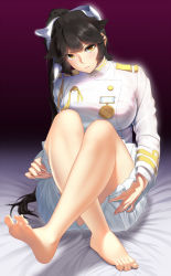 Rule 34 | 1girl, aiguillette, animal ears, azur lane, bare legs, barefoot, bed, bed sheet, black hair, blunt bangs, blush, bow, breasts, closed mouth, commentary request, covering privates, covering ass, dog ears, feet, fingernails, gradient hair, gt-apex, hair ears, hair flaps, high collar, high ponytail, highres, indoors, large breasts, long hair, long sleeves, looking at viewer, military, military uniform, miniskirt, multicolored hair, nail polish, on bed, pink nails, pleated skirt, ponytail, sidelocks, sitting, skirt, soles, solo, takao (azur lane), toes, uniform, white bow, white skirt, yellow eyes
