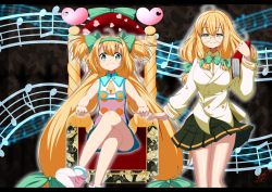 Rule 34 | 2girls, akagane03, arc system works, bare shoulders, blazblue, blonde hair, blush, book, boots, bow, breasts, chair, dress, glasses, green eyes, hair bow, hairband, heart, heart-shaped pupils, highres, crossed legs, light smile, long hair, looking at viewer, multiple girls, musical note, platinum the trinity, quad tails, shirt, skirt, smile, symbol-shaped pupils, throne, trinity glassfield, very long hair