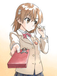 Rule 34 | 1girl, 2024, 20s, averting eyes, blazer, blush, bow, bowtie, box, box of chocolates, brown eyes, brown hair, brown jacket, collared shirt, commentary request, embarrassed, genny, gift, gradient background, grey skirt, hair ornament, hairpin, holding, holding box, holding gift, incoming gift, jacket, long sleeves, medium hair, misaka mikoto, partially unbuttoned, plaid, plaid skirt, playing with own hair, red bow, red bowtie, school emblem, school uniform, shirt, simple background, skirt, solo, toaru kagaku no railgun, toaru majutsu no index, tokiwadai school uniform, tsundere, upper body, valentine, white shirt, winter uniform