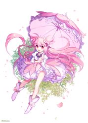 Rule 34 | 1girl, bad id, bad pixiv id, bow, cherry blossom cookie, cherry blossoms, cookie run, flower, full body, hair flower, hair ornament, long hair, long sleeves, open mouth, parasol, petals, pink eyes, pink hair, pink skirt, pink theme, puffy sleeves, simple background, sitting, skirt, smile, solo, tobbang, twintails, two side up, umbrella, white background, white footwear