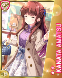 Rule 34 | 1girl, amatsu kanata, bow, brown coat, brown hair, card, character name, closed mouth, coat, day, dress, closed eyes, girlfriend (kari), grey bow, indoors, long hair, official art, purple sweater, qp:flapper, red eyes, smile, solo, standing, sweater, tagme, white dress