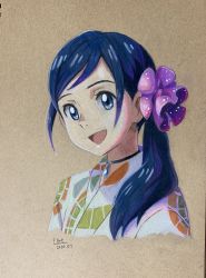 Rule 34 | 1girl, 2020, :d, absurdres, amano hina (tenki no ko), blue eyes, blue hair, brown background, colored pencil (medium), cropped torso, dated, hair over shoulder, highres, japanese clothes, jewelry, kimono, long hair, open mouth, p.art, pendant, side ponytail, smile, solo, tenki no ko, traditional media, upper body