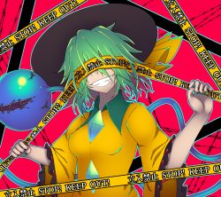 Rule 34 | 1girl, absurdres, black hat, blouse, blue nails, breasts, buttons, caution tape, collared shirt, commentary request, covered eyes, crazy, crazy grin, diamond button, eyeball, green hair, hat, hat ribbon, highres, keep out, komeiji koishi, kuroleo, medium hair, nail polish, red background, ribbon, saliva, sharp teeth, shirt, simple background, solo, teeth, third eye, touhou, upper body, wavy hair, yellow ribbon, yellow shirt