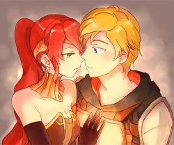 Rule 34 | 1boy, 1girl, armor, bare shoulders, black gloves, blonde hair, blue eyes, blush, breasts, choker, cleavage, couple, elbow gloves, eye contact, forehead protector, gloves, green eyes, half-closed eyes, hood, hoodie, imminent kiss, jaune arc, long hair, looking at another, neck, parted lips, ponytail, pyrrha nikos, red hair, rwby, short hair, sora (efr), strapless, upper body