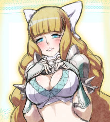 Rule 34 | 1girl, aqua eyes, armor, blonde hair, blue eyes, blush, bow, breast suppress, breasts, charlotte (fire emblem), cleavage, female focus, fire emblem, fire emblem fates, gradient background, hair bow, hair ribbon, hiroshi wakai, large breasts, long hair, looking at viewer, nintendo, parted lips, pauldrons, ribbon, shoulder armor, smile, solo, spikes, upper body, vambraces, wakai hiroshi