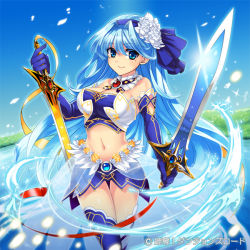 Rule 34 | 1girl, blue eyes, blue hair, breasts, female focus, large breasts, looking at viewer, matching hair/eyes, smile, solo, sword, toh., water, weapon