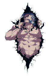 Rule 34 | 1boy, :q, abs, absurdres, ahoge, bara, beard, blue hair, broken wall, completely nude, daikoku (housamo), dark blue hair, facial hair, forked eyebrows, highres, large pectorals, looking at viewer, male focus, male pubic hair, mature male, multicolored hair, muscular, muscular male, mustache, mutton chops, navel, navel hair, nipples, nude, old, old man, pectorals, pubic hair, rybiok, short hair, solo, stomach, thick eyebrows, tokyo houkago summoners, tongue, tongue out, two-tone hair, upper body, white hair