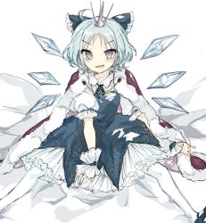 Rule 34 | adapted costume, blue bow, blue dress, blue eyes, blue hair, blue neckwear, blush, bow, cape, cirno, commentary request, crown, detached wings, dress, frills, fur-trimmed cape, fur trim, hair ornament, ice, ice wings, mary janes, mini crown, neck ribbon, open mouth, ribbon, shirt, shoes, short hair, short sleeves, sitting, smile, sorani (kaeru0768), thighhighs, touhou, white background, white shirt, white thighhighs, wings, wrist cuffs