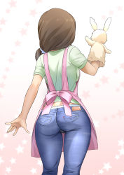Rule 34 | 1girl, absurdres, apron, arm up, ass, brown hair, commentary request, denim, from behind, hand puppet, highres, idolmaster, idolmaster cinderella girls, jeans, long hair, mitarashi kousei, mochida arisa, panties, pants, panty peek, pink apron, ponytail, puppet, shirt, short sleeves, simple background, solo, t-shirt, thighs, tight clothes, tight pants, underwear, white background, white panties, white shirt