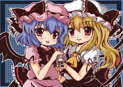 Rule 34 | 2girls, absurdres, ascot, back bow, bat wings, blonde hair, blue background, bow, bowtie, character doll, collared shirt, cowboy shot, dress, flandre scarlet, frilled bow, frilled shirt collar, frills, grey hair, hair between eyes, hat, hat ribbon, head tilt, highres, izayoi sakuya, large bow, long hair, looking at viewer, mayuki (nami1120), medium hair, mob cap, multiple girls, one side up, open mouth, pink dress, pink headwear, pink shirt, purple hair, red bow, red bowtie, red eyes, red skirt, red vest, remilia scarlet, ribbon, shirt, skirt, skirt set, touhou, vest, white headwear, white shirt, wings, yellow ascot