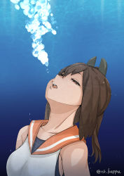 Rule 34 | 1girl, air bubble, brown eyes, brown hair, bubble, collarbone, commentary request, highres, i-401 (kancolle), kantai collection, one-hour drawing challenge, open mouth, orange sailor collar, ponytail, sailor collar, school swimsuit, shirt, short hair, sleeveless, sleeveless shirt, solo, swimsuit, swimsuit under clothes, takasugi heppu, twitter username, underwater, upper body