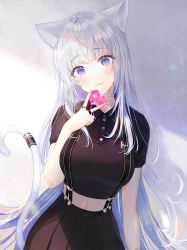 Rule 34 | 1girl, :3, animal ears, black shirt, black skirt, breasts, cat ears, cat girl, cat tail, collared shirt, crop top, daby, gem, hand up, head tilt, heart, high-waist skirt, highres, holding, jewelry, large breasts, long hair, looking at viewer, midriff, original, pleated skirt, purple hair, ring, shirt, short sleeves, silver hair, skirt, smile, solo, suspenders, tail, tail ornament, tail ring, upper body, v