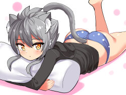 Rule 34 | 1girl, animal ears, ashroa (cougar1404), ass, barefoot, black hoodie, blue panties, cat ears, cat girl, cat tail, closed mouth, commentary, cougar (cougar1404), grey hair, hood, hood down, hoodie, hugging object, leg up, light frown, long sleeves, looking at viewer, lying, no pants, on stomach, original, panties, pillow, pillow hug, polka dot, polka dot panties, sidelocks, solo, tail, underwear, yellow eyes