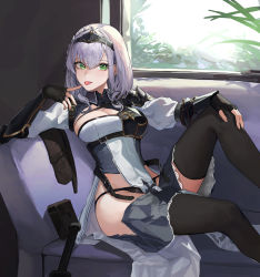 Rule 34 | 1girl, :p, absurdres, arm support, armor, black gloves, black panties, black skirt, black thighhighs, braid, breastplate, breasts, cleavage, clothes pull, couch, feet out of frame, finger to mouth, fingerless gloves, gloves, green eyes, highres, hololive, indoors, knee up, large breasts, long hair, looking at viewer, mac star, on couch, open clothes, open fly, open skirt, panties, shirogane noel, shirogane noel (1st costume), short sleeves, silver hair, sitting, skirt, skirt pull, solo, thighhighs, tiara, tongue, tongue out, underbust, underwear, vambraces, virtual youtuber, window