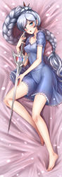 Rule 34 | 1girl, artist name, artist request, barefoot, bed sheet, blue dress, blue eyes, braid, braided ponytail, breasts, collarbone, covered erect nipples, dakimakura (medium), dress, frilled dress, frills, from above, full body, hair ornament, highres, holding, holding sword, holding weapon, long hair, lying, on side, open mouth, ponytail, rwby, scar, scar across eye, scar on face, short dress, silver hair, small breasts, solo, swept bangs, sword, very long hair, weapon, weiss schnee