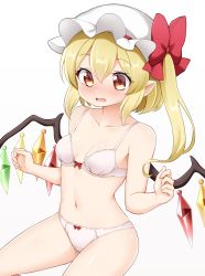 Rule 34 | 1girl, blush, bow, breasts, commentary request, cowboy shot, crystal, fangs, flandre scarlet, hair between eyes, hat, hat bow, highres, looking down, mob cap, nose blush, one side up, panties, parted lips, pointy ears, red bow, red eyes, short hair, simple background, small breasts, solo, suwa yasai, touhou, underwear, underwear only, white background, white hat, wings