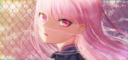 Rule 34 | 1girl, black jacket, fence, floating hair, hair behind ear, highres, hololive, hololive english, jacket, long hair, mori calliope, open mouth, pink eyes, pink hair, pink sweater, portrait, rryiup, solo, sweater, virtual youtuber