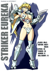 Rule 34 | 1girl, 4.211 brass knuckles, arm blade, assault mount 3.25 sting-blades, blonde hair, bra, brass knuckles, breasts, headgear, jaeger (pacific rim), jilpoong17, large breasts, legendary pictures, long hair, mecha musume, pacific rim, pan pacific defense corps, personification, ponytail, revealing clothes, shelf bra, sideboob, solo, strapless, strapless bra, striker eureka, thighhighs, thrusters, underboob, underwear, weapon, white thighhighs, wrist blades
