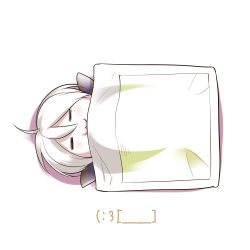 Rule 34 | 1girl, :3, = =, ahoge, blanket, blush, caffein, chibi, closed eyes, closed mouth, from above, hands in opposite sleeves, long sleeves, lying, on back, short hair, simple background, solo, under covers, vocaloid, white background, white hair, yowane haku