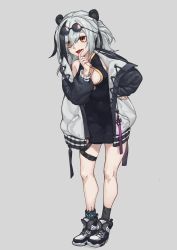 Rule 34 | 1girl, :d, absurdres, animal ears, arknights, bare shoulders, black dress, breasts, china dress, chinese clothes, cleavage, dress, eyewear on head, fang, feater (arknights), full body, grey background, grey jacket, hand on own hip, highres, jacket, leg belt, long hair, looking at viewer, medium breasts, multicolored hair, open clothes, open jacket, open mouth, page&#039;as, panda ears, raglan sleeves, red eyes, round eyewear, shoes, silver hair, sleeveless, sleeveless dress, smile, sneakers, socks, solo, standing, sunglasses, sunglasses on head, thighs, two-tone hair