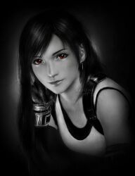 Rule 34 | 1girl, artist name, closed mouth, commentary, dangle earrings, earrings, elbow gloves, english commentary, final fantasy, final fantasy vii, final fantasy vii rebirth, final fantasy vii remake, fingerless gloves, gloves, greyscale, highres, jewelry, krystine art, lips, long hair, monochrome, photorealistic, realistic, red eyes, simple background, smile, solo, spot color, tank top, tifa lockhart, upper body
