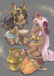Rule 34 | 2girls, animal ears, ankh, anklet, arm support, armlet, bandeau, barefoot, bastet (p&amp;d), black hair, blue eyes, blush, bracer, breasts, cat ears, cleavage, dark skin, dark-skinned female, egyptian, fang, flat chest, green eyes, hair ornament, hathor (p&amp;d), headdress, highres, jar, jewelry, kneeling, large breasts, leaning forward, long hair, midriff, milk, multiple girls, navel, necklace, open mouth, paw print, pink hair, puzzle &amp; dragons, saucer, shadow, signature, skirt, smile, very long hair, yummiclaire