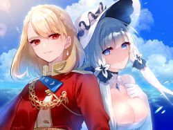 Rule 34 | 2girls, alternate costume, artist name, azur lane, bad id, bad pixiv id, bare shoulders, blonde hair, blue eyes, braid, breasts, cleavage, closed mouth, cloud, cloudy sky, dress, earrings, elbow gloves, eye piercing, florists daisy, french braid, gloves, hand on own chest, highres, illustrious (azur lane), jewelry, large breasts, long hair, looking at viewer, medium hair, multiple girls, ocean, prince of wales (azur lane), red eyes, silver hair, simple background, sky, smile, uniform, white dress, white gloves, white headwear