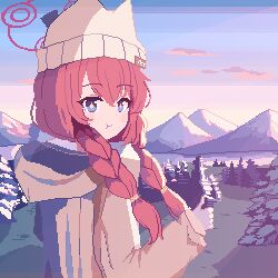 Rule 34 | + +, 1girl, blue archive, blue eyes, brown jacket, closed mouth, halo, hat, highres, hood, hood down, hooded jacket, jacket, long hair, long sleeves, maki (blue archive), maki (camp) (blue archive), mountain, official alternate costume, outdoors, pixel art, red hair, red halo, smile, solo, thumbs up, tinia etru, tree, upper body, white hat