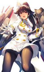 Rule 34 | 1girl, aiguillette, akanagi youto, azur lane, black hair, black pantyhose, blush, bow, buttons, gloves, hair bow, hair flaps, hair ribbon, highres, holding, holding sword, holding weapon, jacket, katana, long hair, looking at viewer, machinery, military, military uniform, naval uniform, open mouth, orange eyes, outstretched hand, pantyhose, pleated skirt, ponytail, ribbon, sidelocks, simple background, skirt, solo, sword, takao (azur lane), turret, uniform, weapon, white background, white gloves, white jacket, white skirt