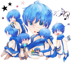 Rule 34 | 1boy, :3, ahoge, bespectacled, blue hair, blue scarf, eating, food, glasses, headphones, headset, ice cream, kaito (vocaloid), long sleeves, male focus, multiple persona, musical note, one eye closed, open mouth, scarf, short hair, star (symbol), vocaloid, wiiw, wink