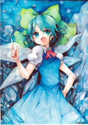 Rule 34 | 1girl, :d, aqua eyes, aqua hair, blue eyes, blue hair, bow, calligraphy brush (medium), cirno, color ink (medium), crystal, fairy wings, fang, gradient eyes, green eyes, hair bow, hand on own hip, hip focus, index finger raised, matching hair/eyes, mosho, multicolored eyes, open mouth, painting (medium), pointing, short hair, signature, smile, solo, touhou, traditional media, watercolor (medium), wings