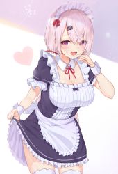 Rule 34 | 1girl, :d, absurdres, alternate costume, apron, black dress, breasts, cleavage, commentary request, cowboy shot, detached collar, dress, enmaided, finger to mouth, frilled apron, frilled dress, frills, hair between eyes, hair ornament, hairclip, hand up, heart, highres, large breasts, looking at viewer, maid, maid apron, maid headdress, nijisanji, open mouth, purple eyes, racchi., red neckwear, red ribbon, ribbon, shiina yuika, shiina yuika (5th costume), short hair, short sleeves, silver hair, skirt hold, smile, solo, standing, thighhighs, virtual youtuber, white apron, white thighhighs, wrist cuffs, zettai ryouiki