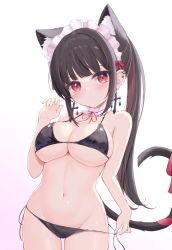 Rule 34 | 1girl, animal ears, bikini, black bikini, black hair, blunt bangs, blush, breasts, cat ears, cat girl, cat tail, choker, commentary request, frilled choker, frills, gradient background, highres, large breasts, long hair, looking at viewer, maid headdress, mikaze oto, multicolored hair, navel, original, pink background, red eyes, red hair, side-tie bikini bottom, solo, swimsuit, tail, two-tone hair, white background, white choker