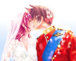 Rule 34 | asbel lhant, cheria barnes, couple, dress, closed eyes, kiss, pink hair, red hair, tales of (series), tales of graces, wedding, wedding dress