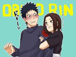Rule 34 | 1boy, 1girl, bad id, bad pixiv id, black eyes, black hair, blush, brown hair, character name, closed mouth, facepalm, forehead, green background, highres, holding another&#039;s arm, long sleeves, looking at another, naruto (series), naruto shippuuden, nohara rin, pinoko (pnk623), short hair, short sleeves, simple background, smile, uchiha obito