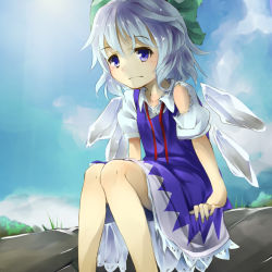 Rule 34 | 1girl, blue dress, blue eyes, blue hair, blue sky, cirno, cloud, day, dress, grass, hair ribbon, knees together feet apart, legs together, light frown, looking at viewer, matching hair/eyes, outdoors, piyodesu, puffy short sleeves, puffy sleeves, ribbon, short hair, short sleeves, sitting, sky, solo, torn sleeve, touhou, wings