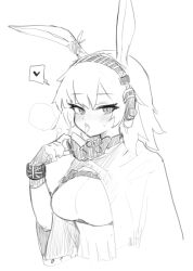 Rule 34 | 1girl, absurdres, animal ears, april (arknights), april (faraway gaze) (arknights), arknights, blush, bracelet, breasts, cape, fingerless gloves, gloves, greyscale, headphones, heart, highres, infection monitor (arknights), jewelry, large breasts, looking at viewer, mask pull, monochrome, official alternate costume, open mouth, rabbit ears, ritomasu, short hair, simple background, solo, speech bubble, spoken heart, tongue, tongue out, white background