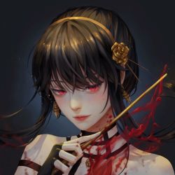 Rule 34 | 1girl, bare shoulders, black choker, black gloves, black hair, blood, blood splatter, choker, earrings, evie, eyebrows hidden by hair, fingerless gloves, floating hair, flower, gloves, hair between eyes, hair flower, hair ornament, hairband, highres, holding, holding weapon, jewelry, portrait, red eyes, rose, short hair with long locks, solo, spy x family, weapon, yellow flower, yellow hairband, yellow rose, yor briar