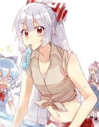 Rule 34 | + +, 3girls, 6 (yuchae), alternate costume, blue eyes, blue hair, bottle, bow, cirno, dress, drooling, food, fujiwara no mokou, hair bow, hat, ice, ice cream, ice wings, kamishirasawa keine, long hair, midriff, multiple girls, open mouth, red eyes, ribbon, sarashi, shirt, short hair, silver hair, simple background, sleeves rolled up, smile, sparkling eyes, tank top, tied shirt, tongue, tongue out, touhou, unbuttoned, very long hair, wings
